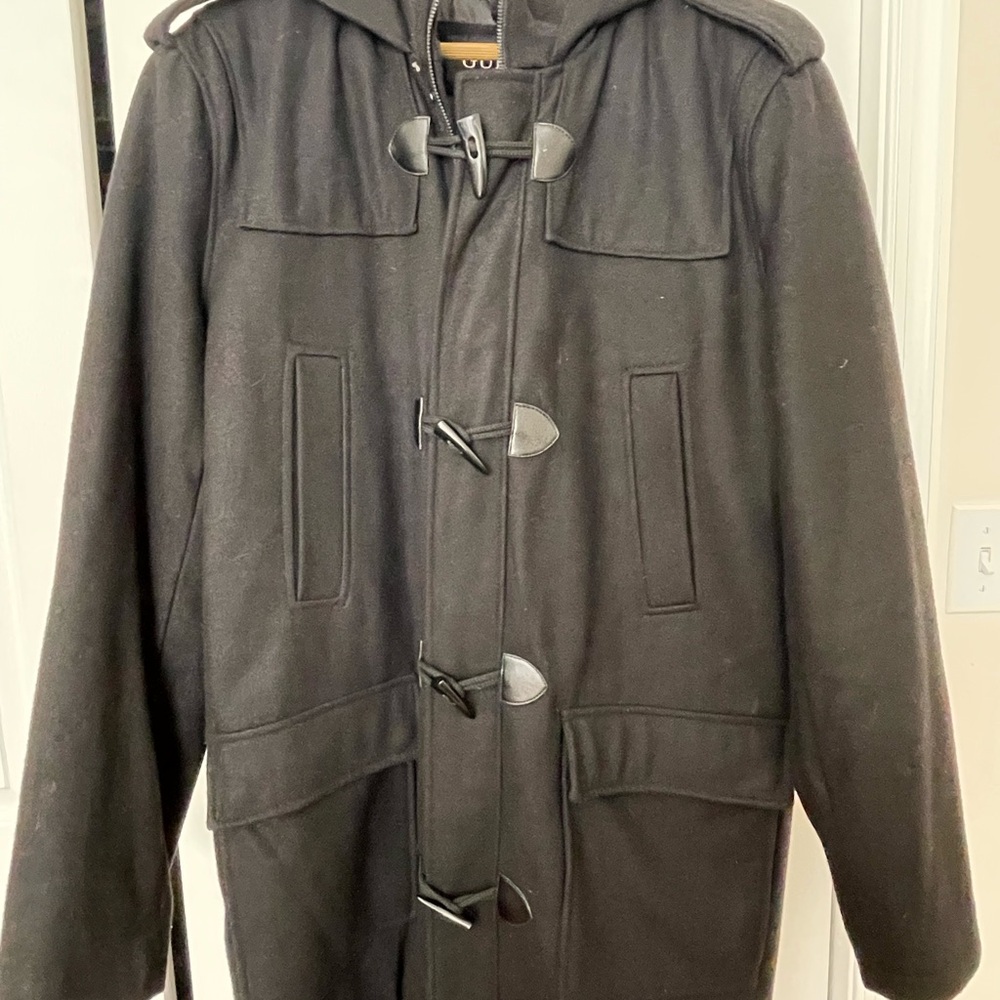 GUESS Men's Black Wool Blend Toggle Thigh Length Pea Coat